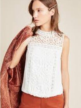 Aqua White Sleeveless Lace High-Neck Blouse